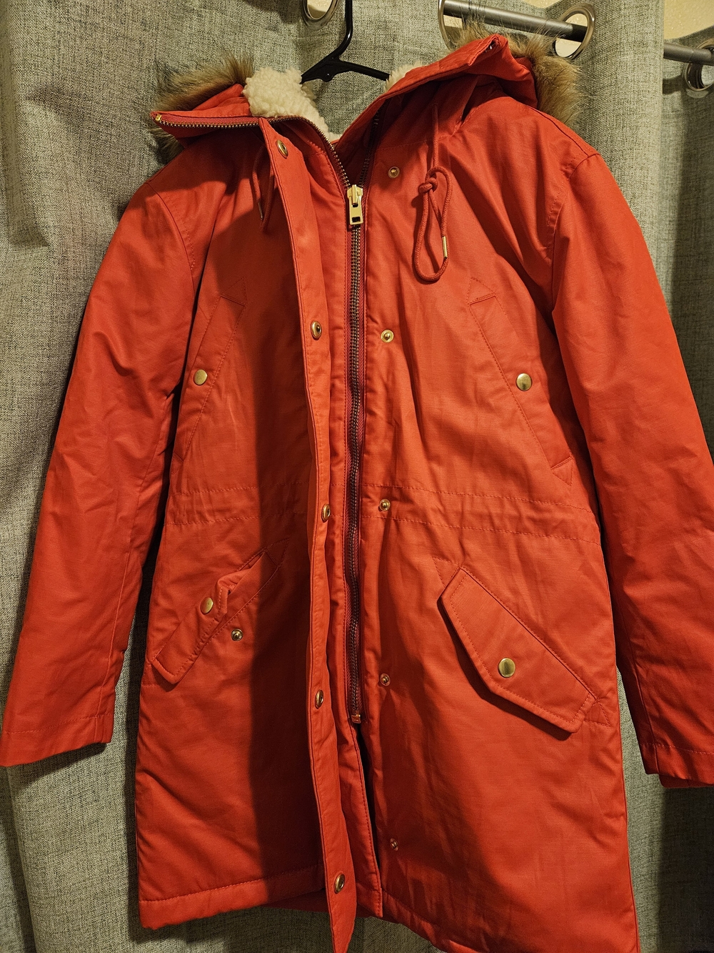 J. Crew Women's Red Insulated Parka with Faux Fur Trim